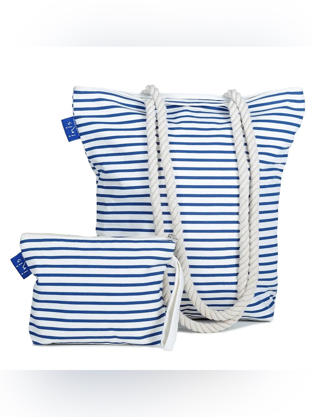 Striped Blue and Off-White Rope-Handle Tote Bag with Pouch